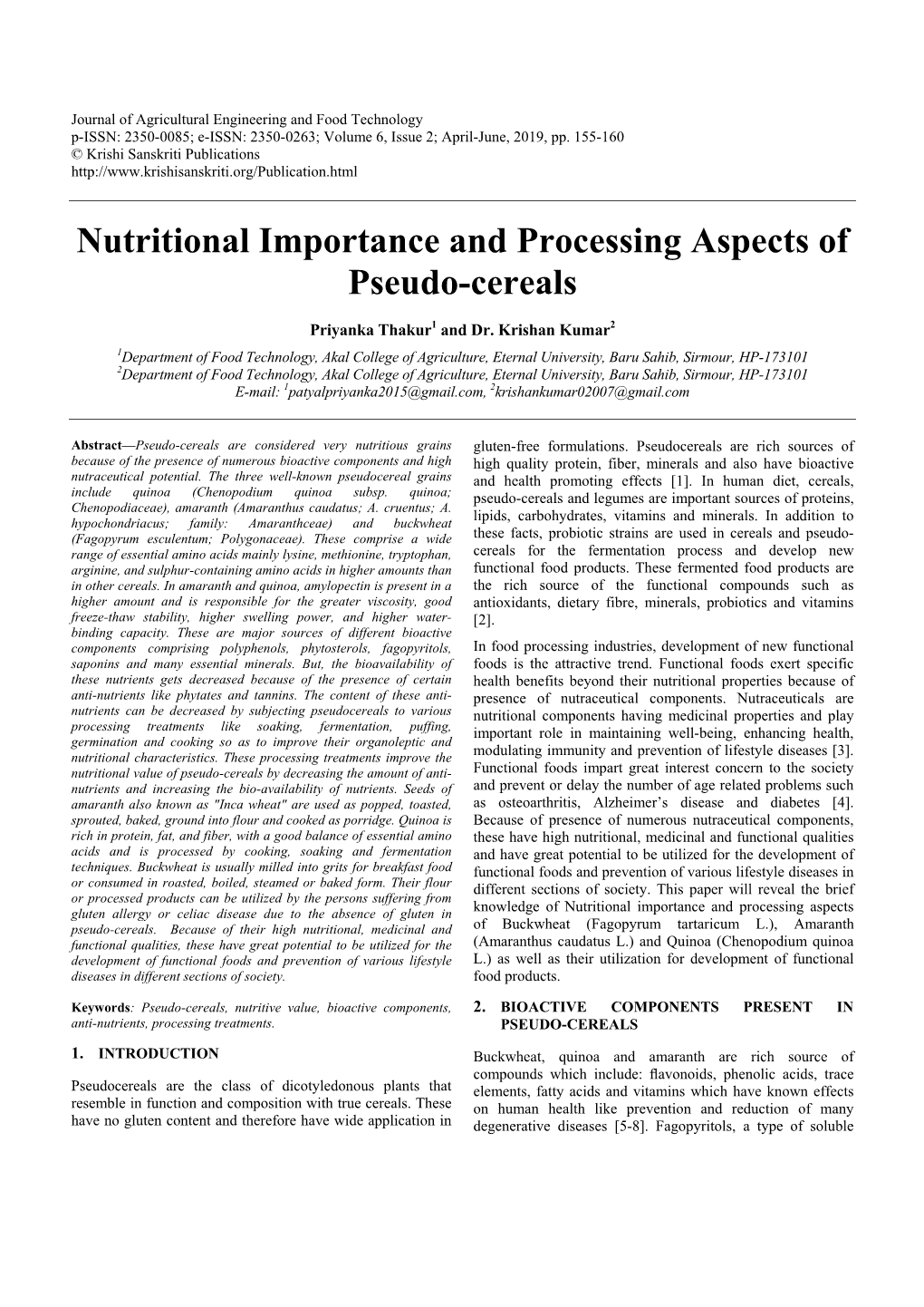 Nutritional Importance and Processing Aspects of Pseudo-Cereals