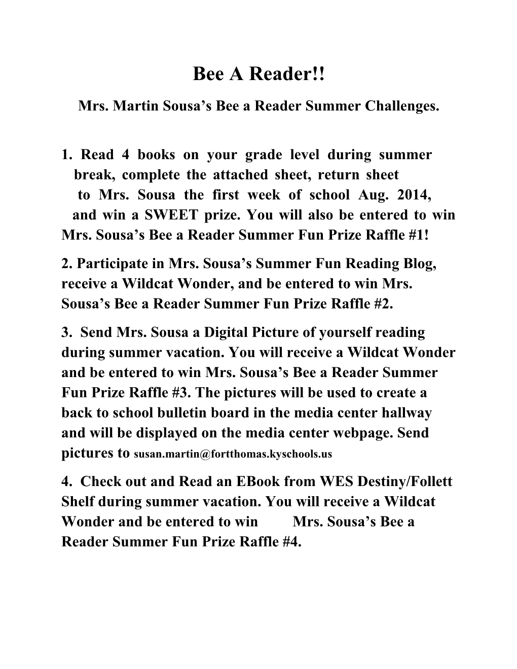 Mrs. Martin Sousa S Bee a Reader Summer Challenges