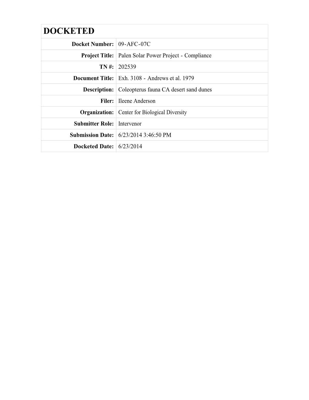 DOCKETED Docket Number: 09-AFC-07C Project Title: Palen Solar Power Project - Compliance TN #: 202539 Document Title: Exh