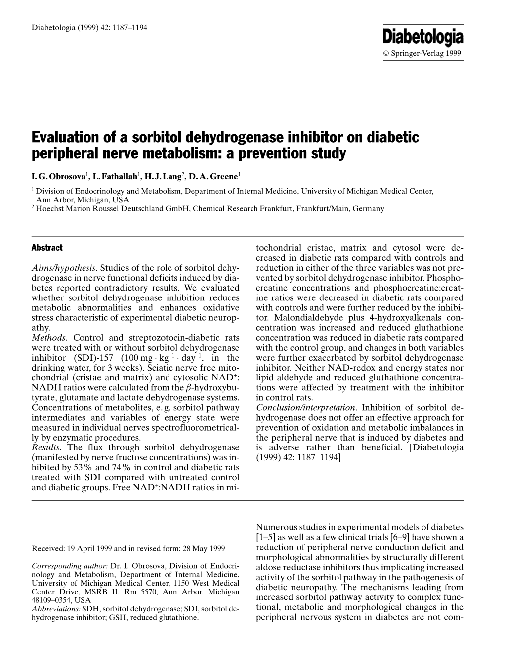 Evaluation of a Sorbitol Dehydrogenase Inhibitor on Diabetic Peripheral Nerve Metabolism: a Prevention Study