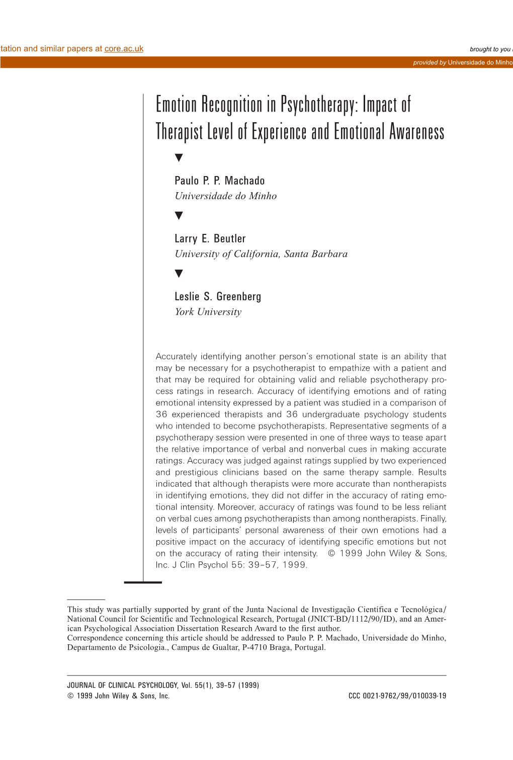 Emotion Recognition in Psychotherapy: Impact of Therapist Level of Experience and Emotional Awareness ᮢ