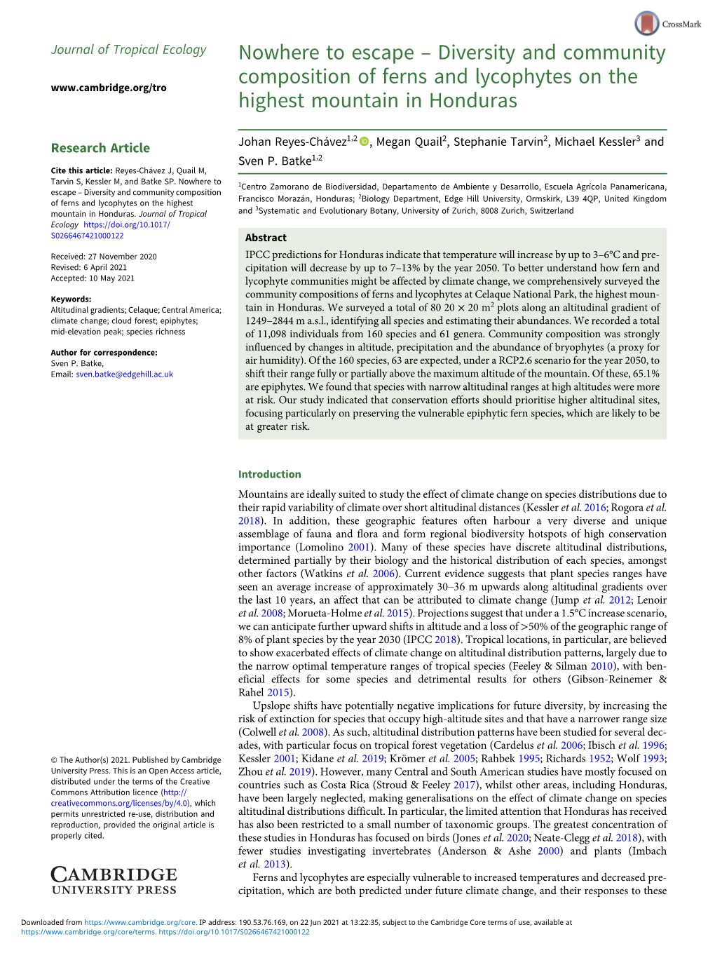 Diversity and Community Composition of Ferns and Lycophytes On