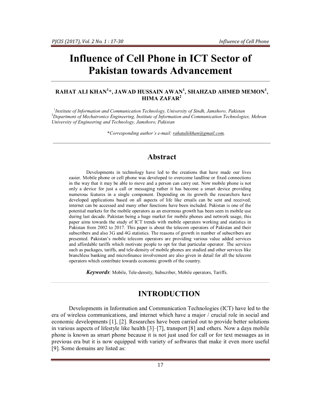 Influence of Cell Phone in ICT Sector of Pakistan Towards Advancement