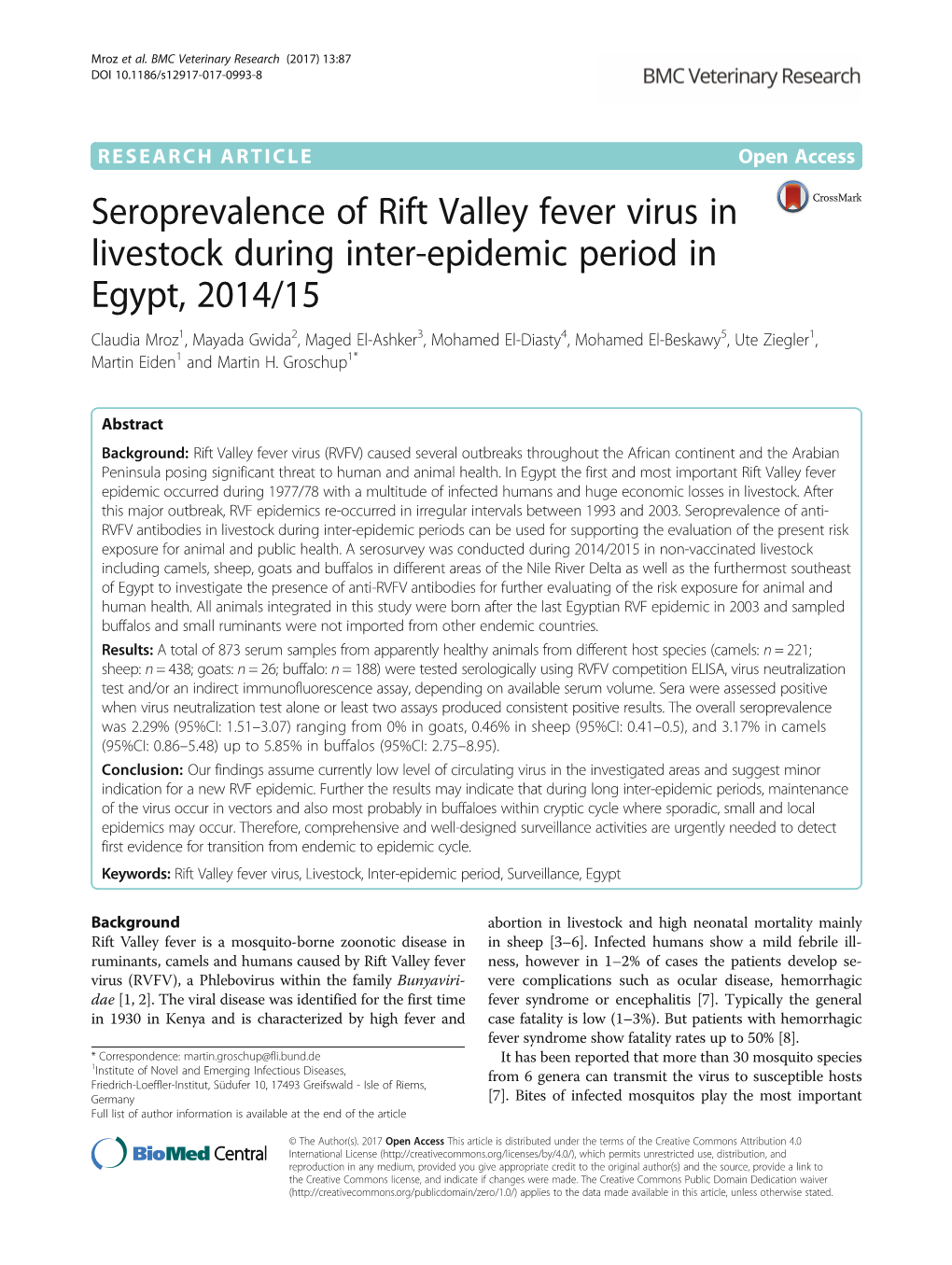Seroprevalence of Rift Valley Fever Virus in Livestock During Inter-Epidemic Period in Egypt, 2014/15
