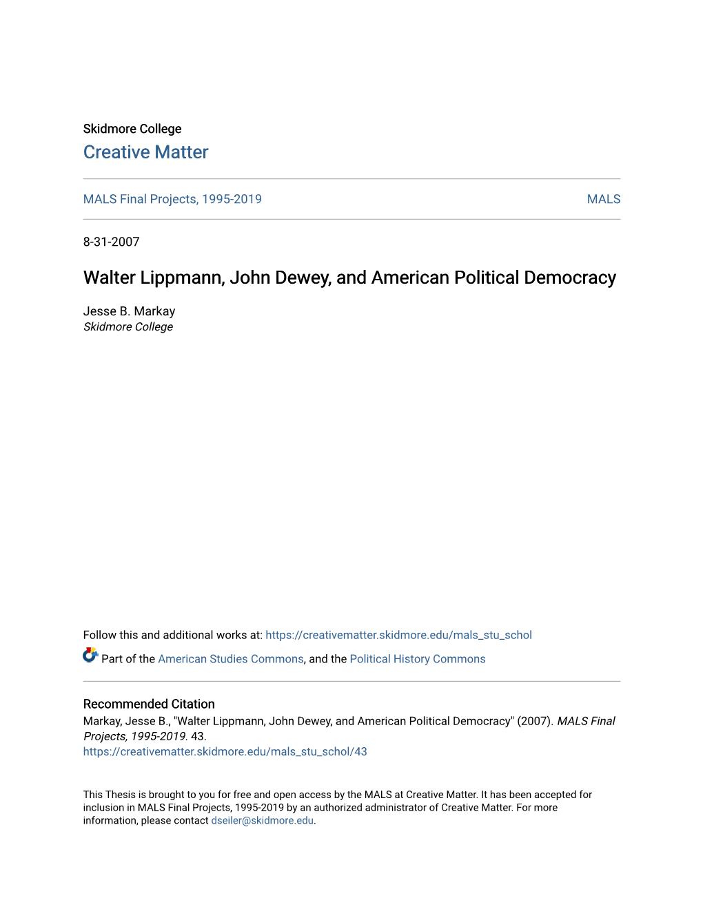 Walter Lippmann, John Dewey, and American Political Democracy