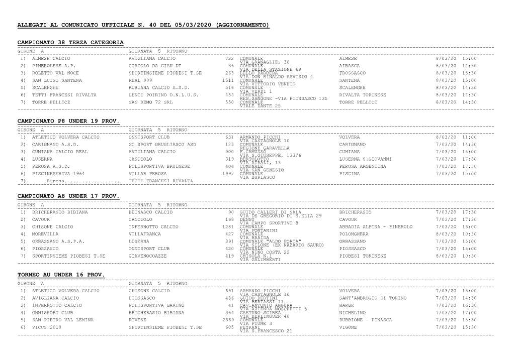 Allegati Al Comunicato Ufficiale N. 40 Del 05/03/2020 (Aggiornamento)