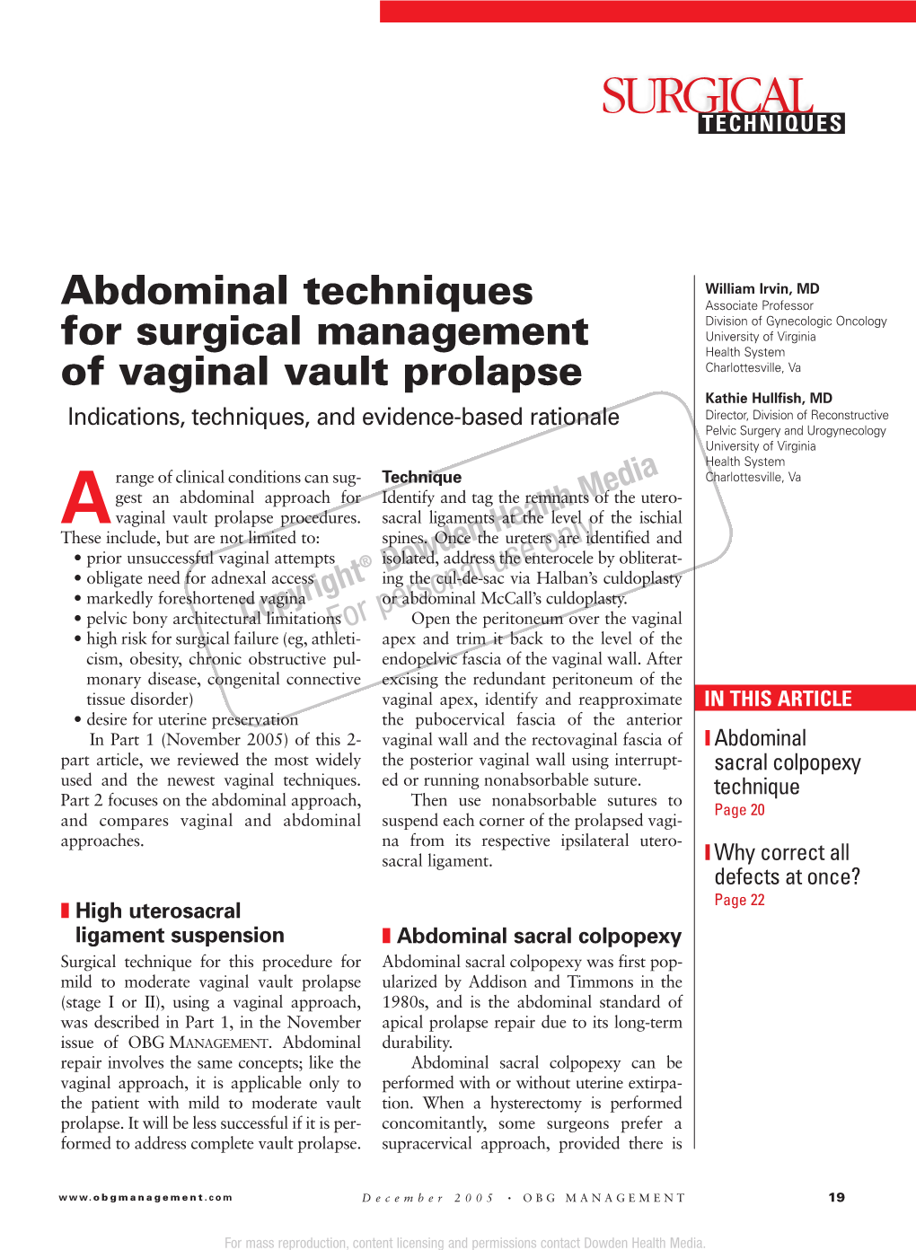 Abdominal Techniques for Surgical Management of Vaginal Vault Prolapse