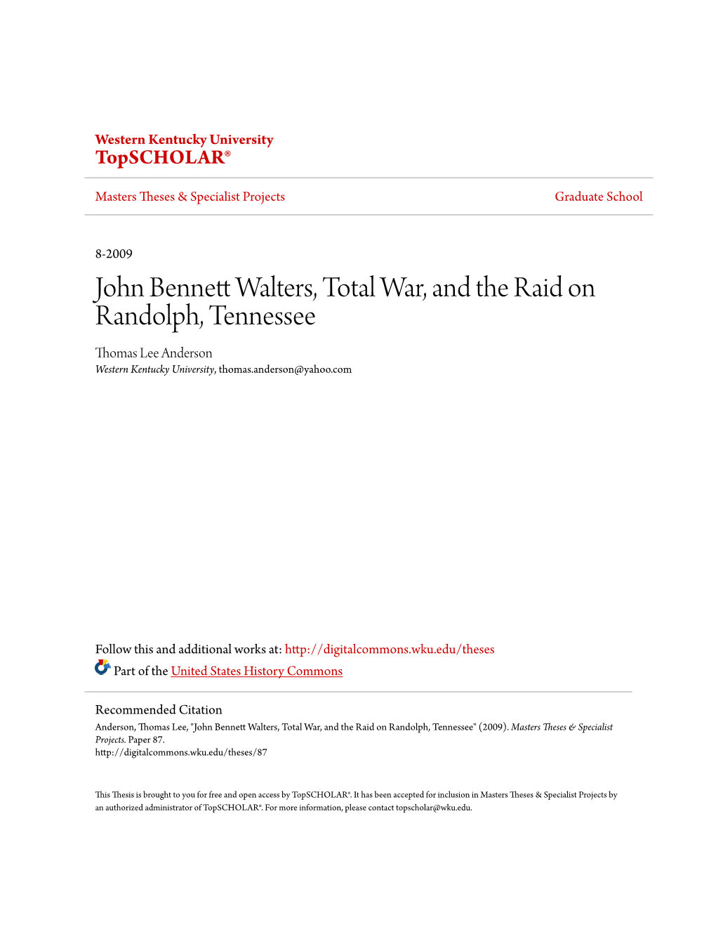 John Bennett Walters, Total War, and the Raid on Randolph, Tennessee