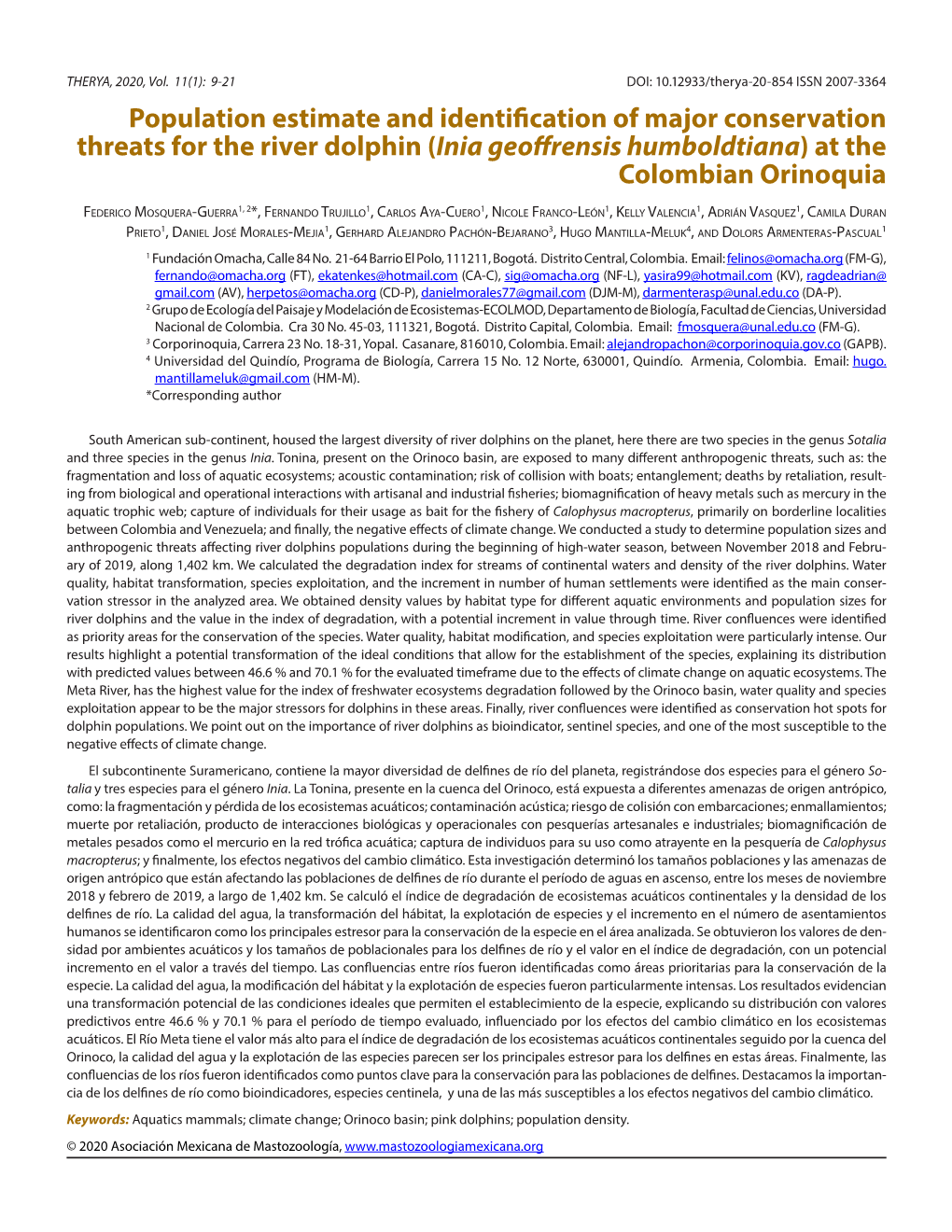 Population Estimate and Identification of Major Conservation Threats for the River Dolphin (Inia Geoffrensis Humboldtiana) at the Colombian Orinoquia