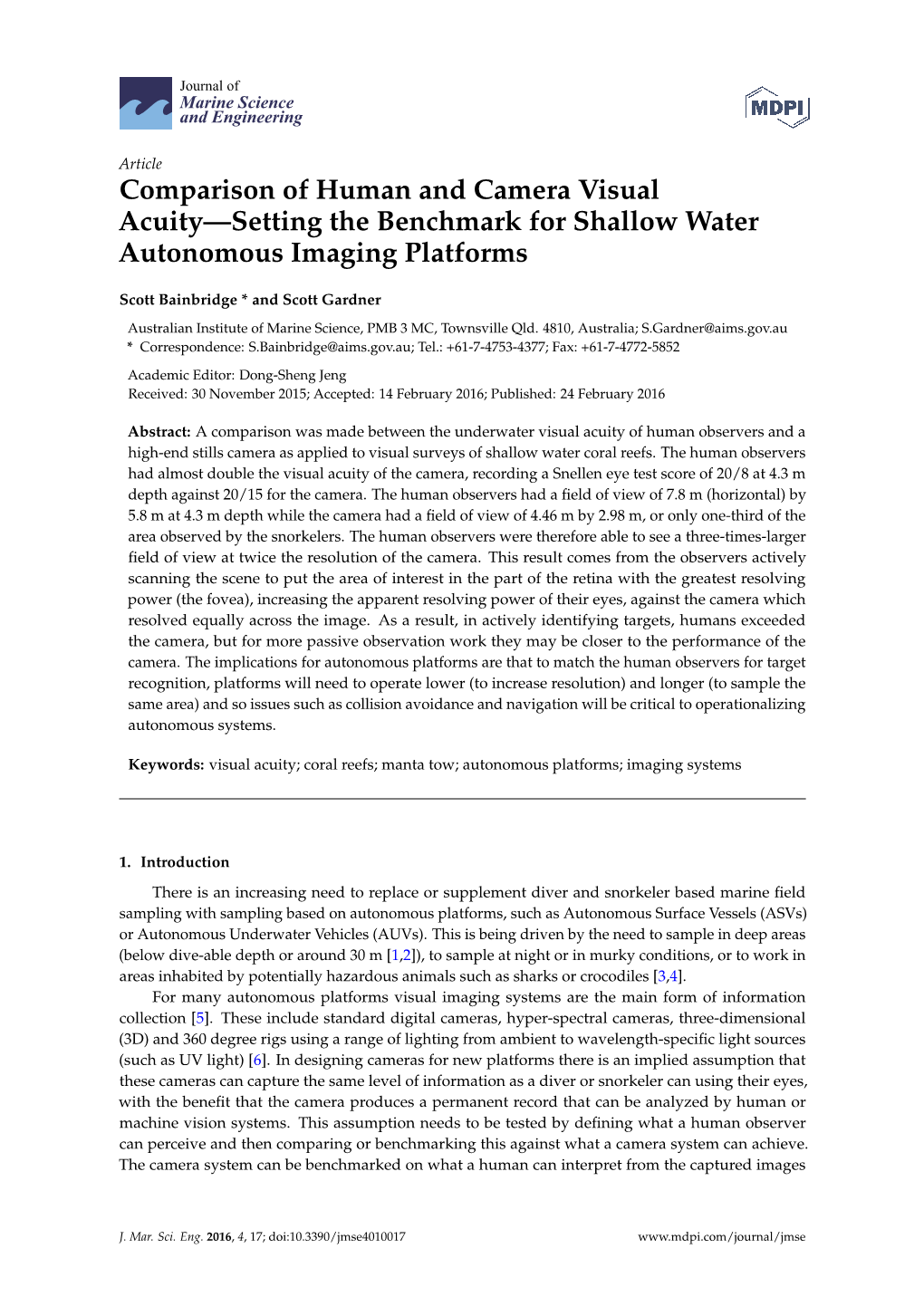 Comparison of Human and Camera Visual Acuity—Setting the Benchmark for Shallow Water Autonomous Imaging Platforms