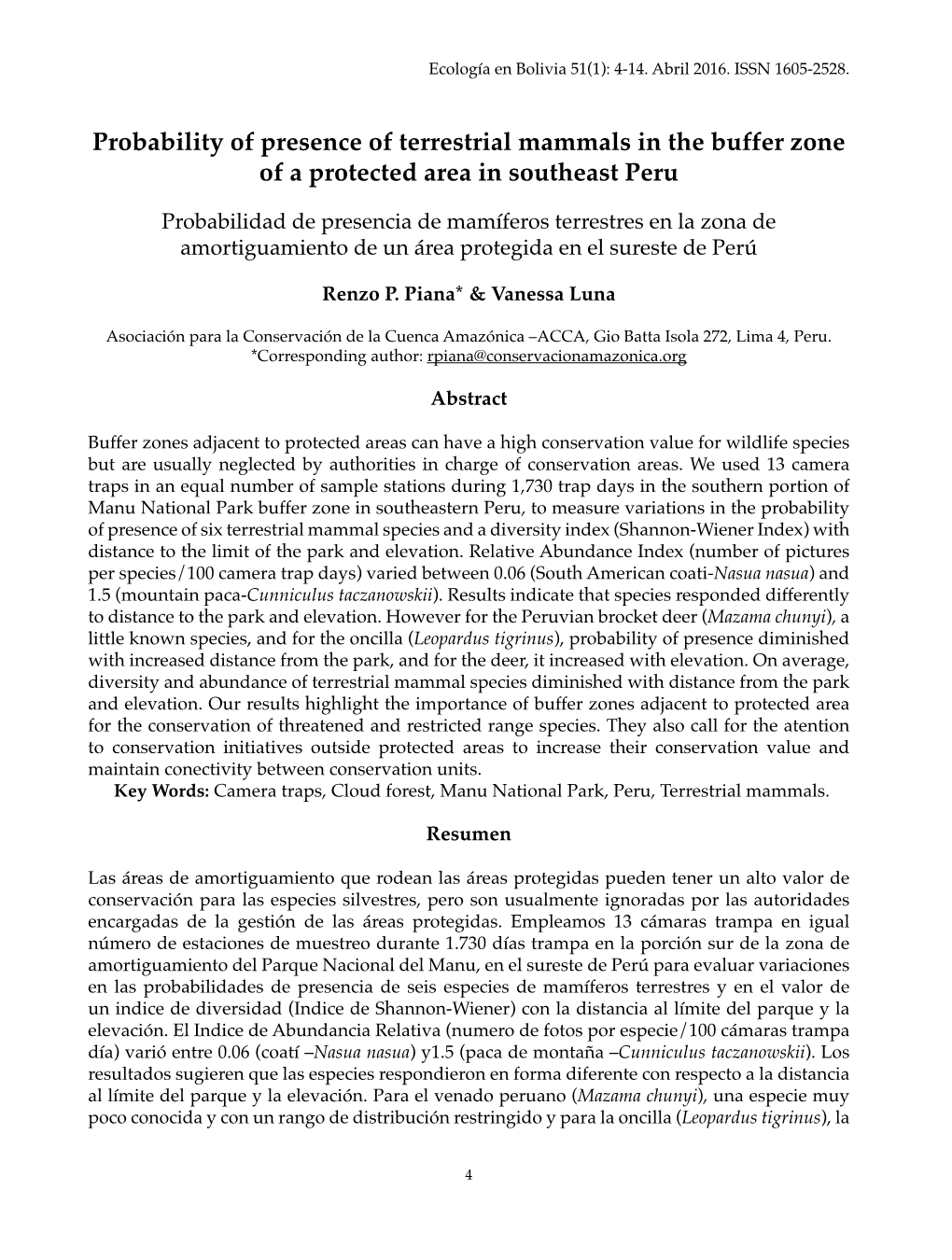 Probability of Presence of Terrestrial Mammals in the Buffer Zone of a Protected Area in Southeast Peru