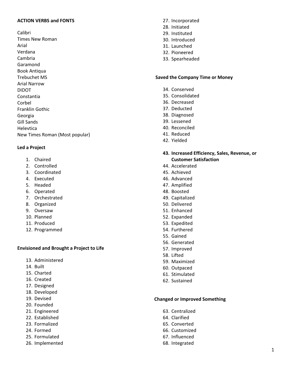 1 ACTION VERBS and FONTS Calibri Times New Roman Arial Verdana Cambria Garamond Book Antiqua Trebuchet MS Arial Narrow DIDOT