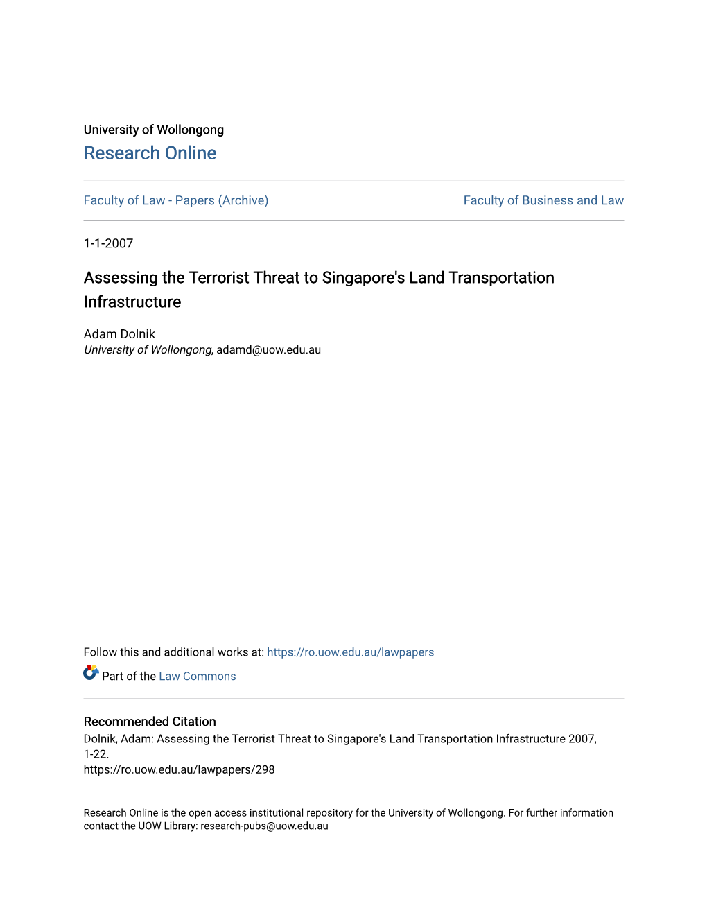Assessing the Terrorist Threat to Singapore's Land Transportation Infrastructure
