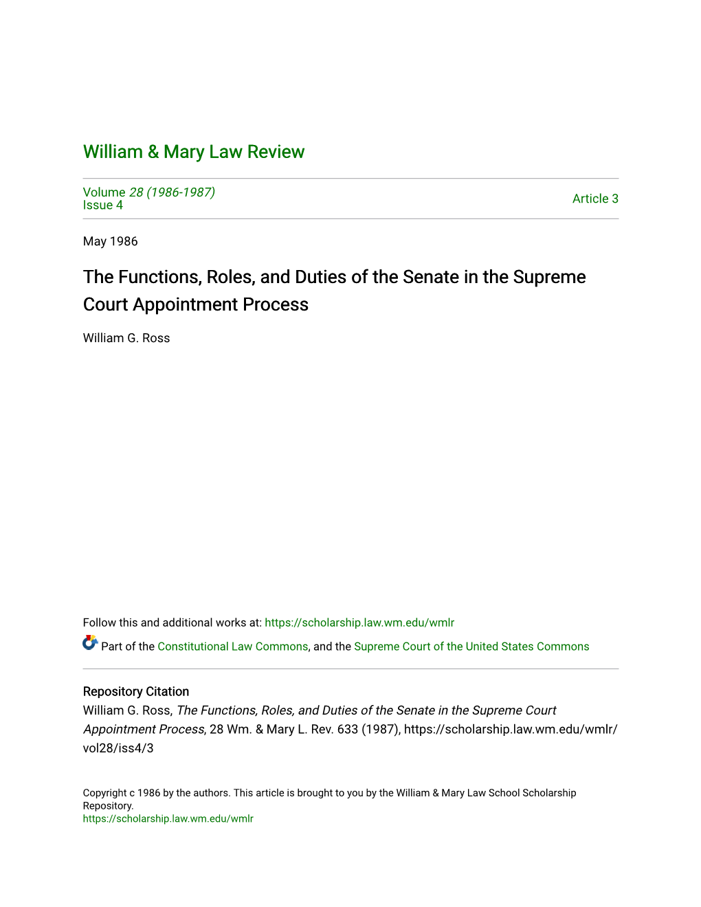 The Functions, Roles, and Duties of the Senate in the Supreme Court Appointment Process