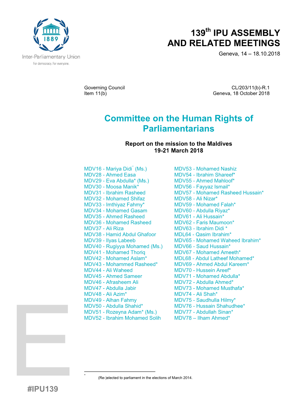 139 IPU ASSEMBLY and RELATED MEETINGS Committee on the Human Rights of Parliamentarians