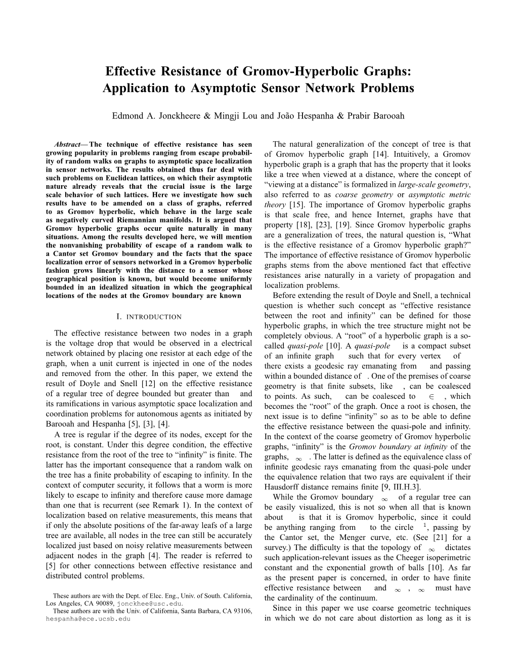 Effective Resistance of Gromov-Hyperbolic Graphs: Application to Asymptotic Sensor Network Problems