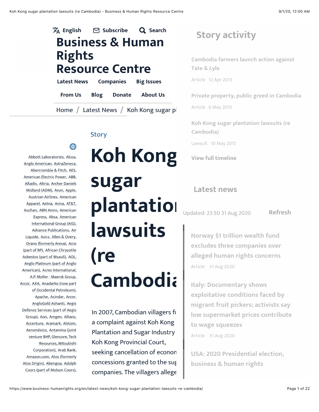 Koh Kong Sugar Plantation Lawsuits (Re Cambodia) - Business & Human Rights Resource Centre 9/1/20, 12:00 AM