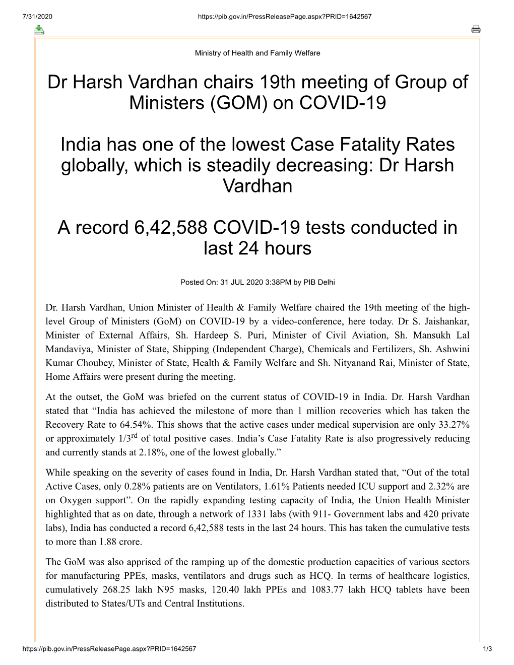Dr Harsh Vardhan Chairs 19Th Meeting of Group of Ministers (GOM) on COVID-19