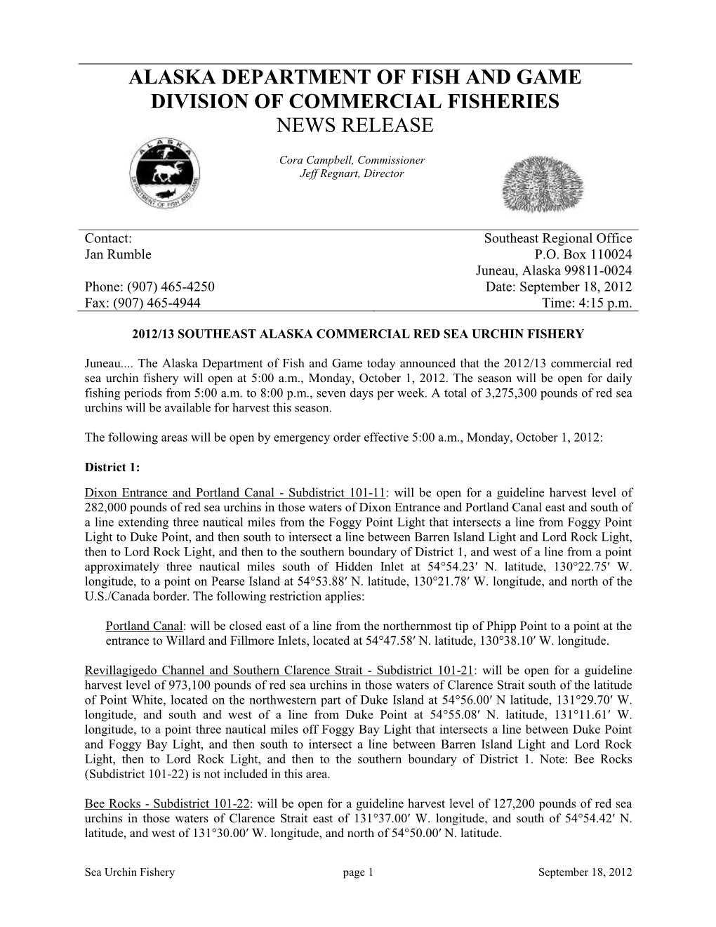 Alaska Department of Fish and Game Division of Commercial Fisheries News Release