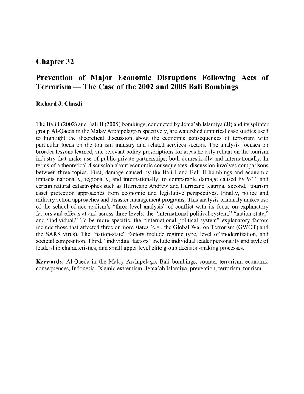 Chapter 32 Prevention of Major Economic Disruptions Following Acts of Terrorism — the Case of the 2002 and 2005 Bali Bombings