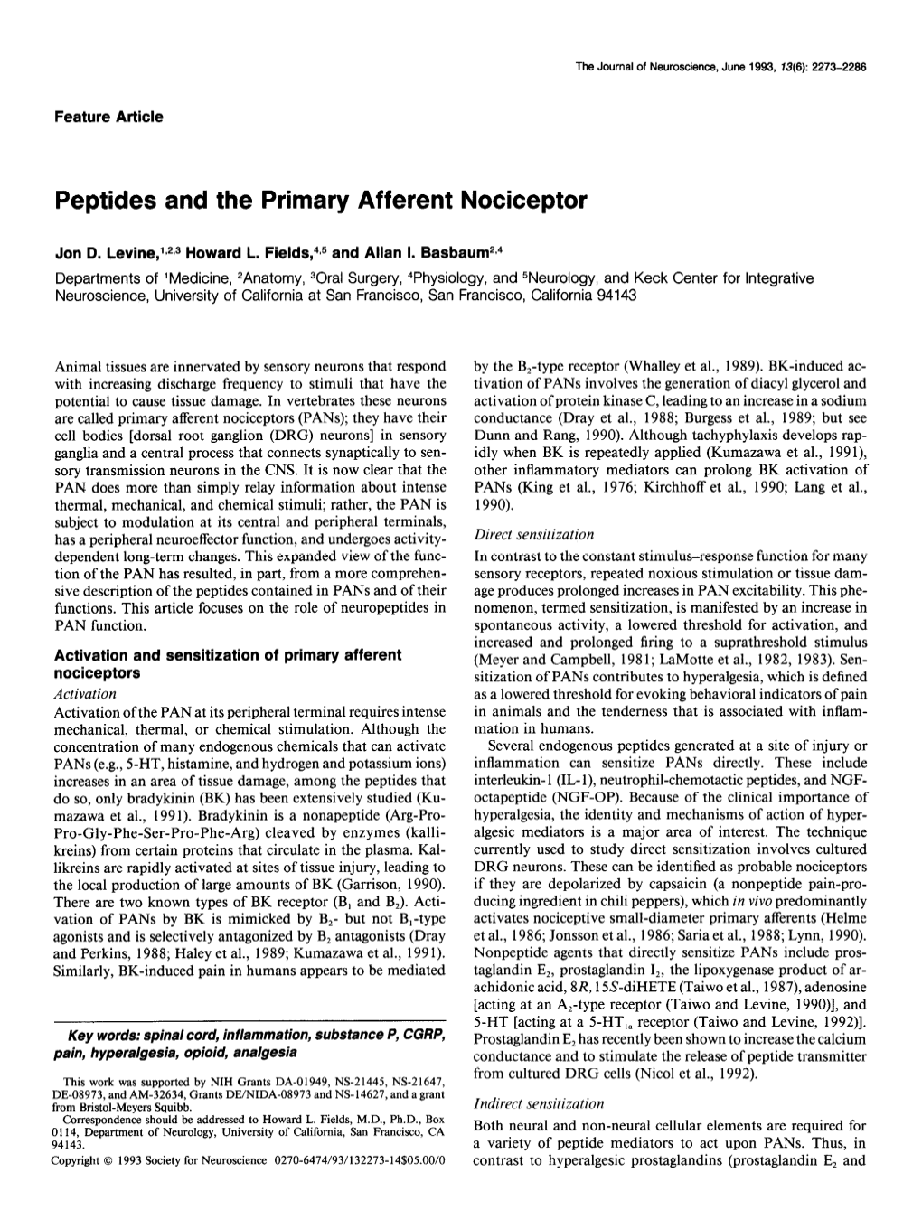 Peptides and the Primary Afferent Nociceptor