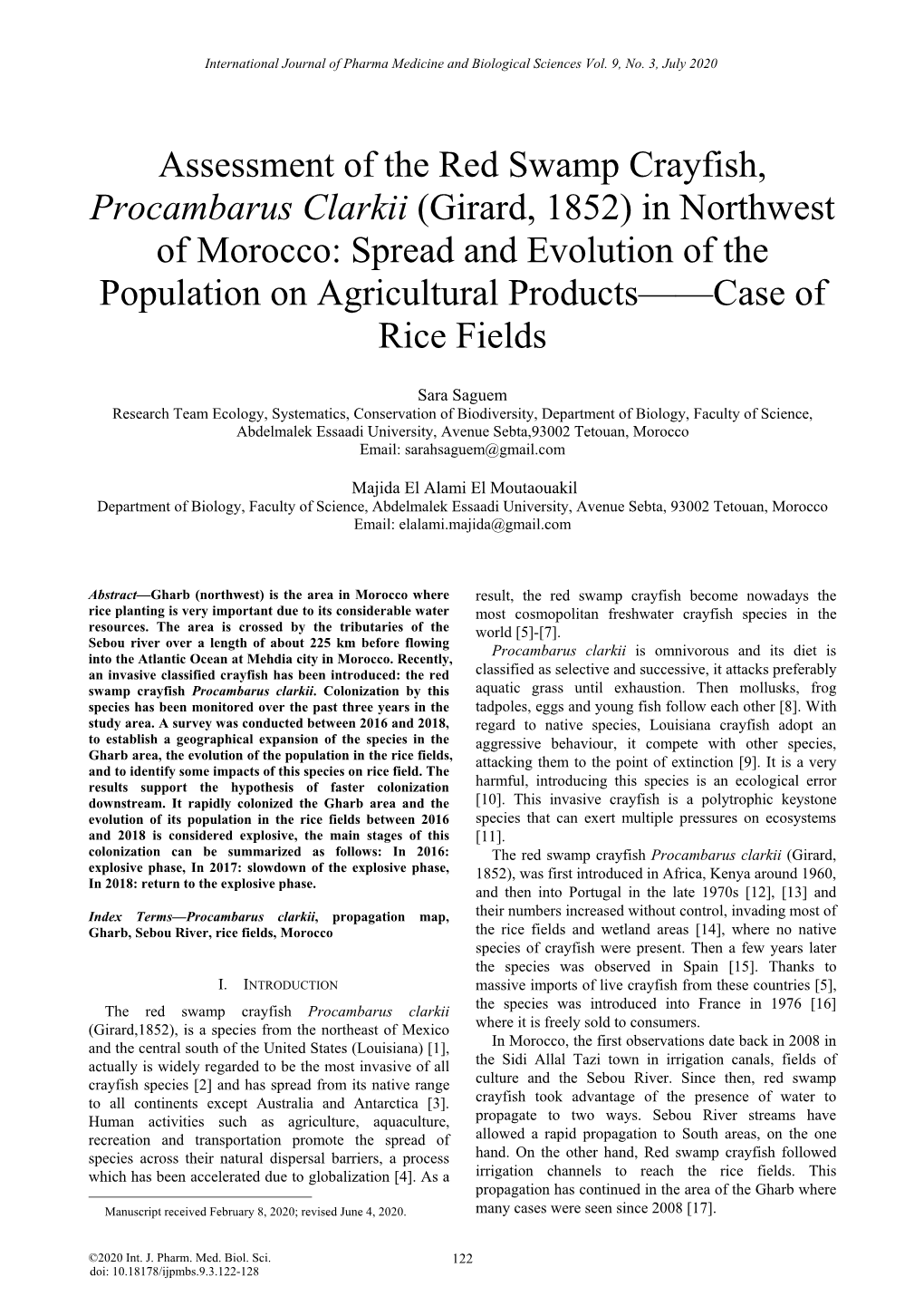 Assessment of the Red Swamp Crayfish, Procambarus Clarkii