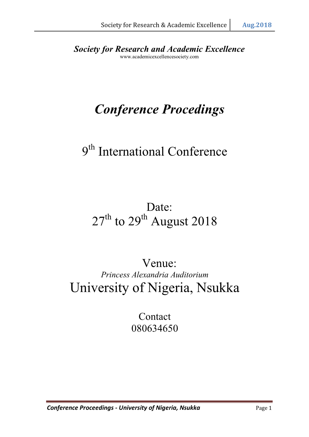 Conference Proceedings - University of Nigeria, Nsukka Page 1