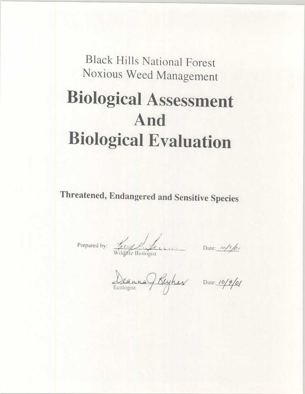 Black Hills National Forest Noxious Weed Management Plan Appendix C: Biological Assessment and Biological Evaluation Page I