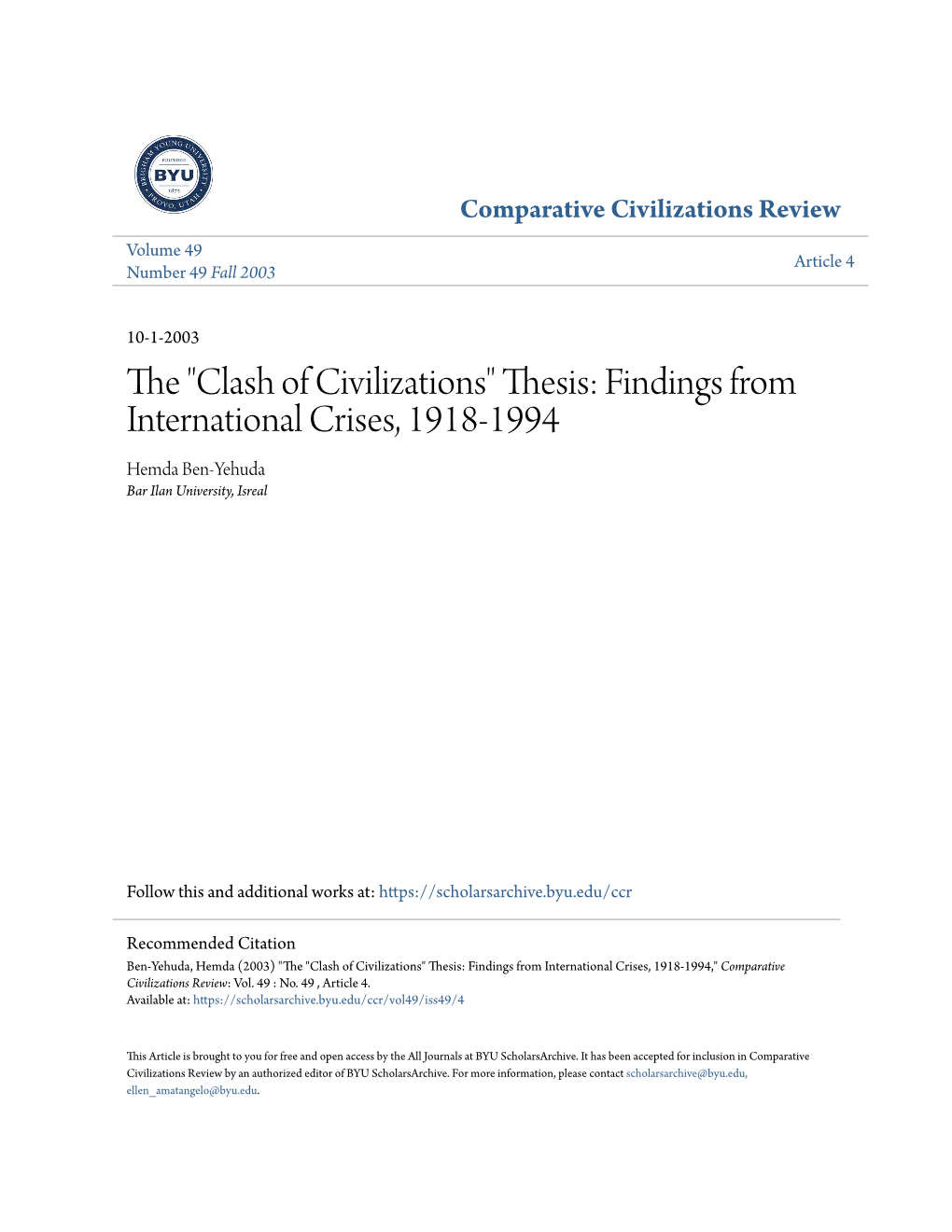 "Clash of Civilizations" Thesis: Findings from International 28 Comparative Civilizations Reviewno