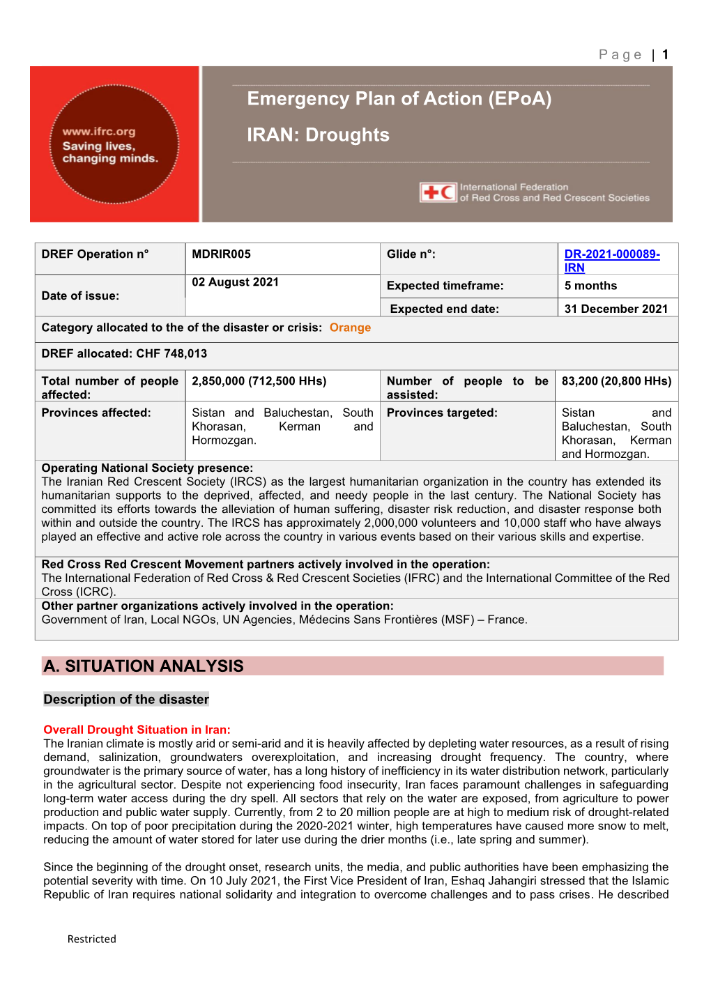 Emergency Plan of Action (Epoa) IRAN: Droughts