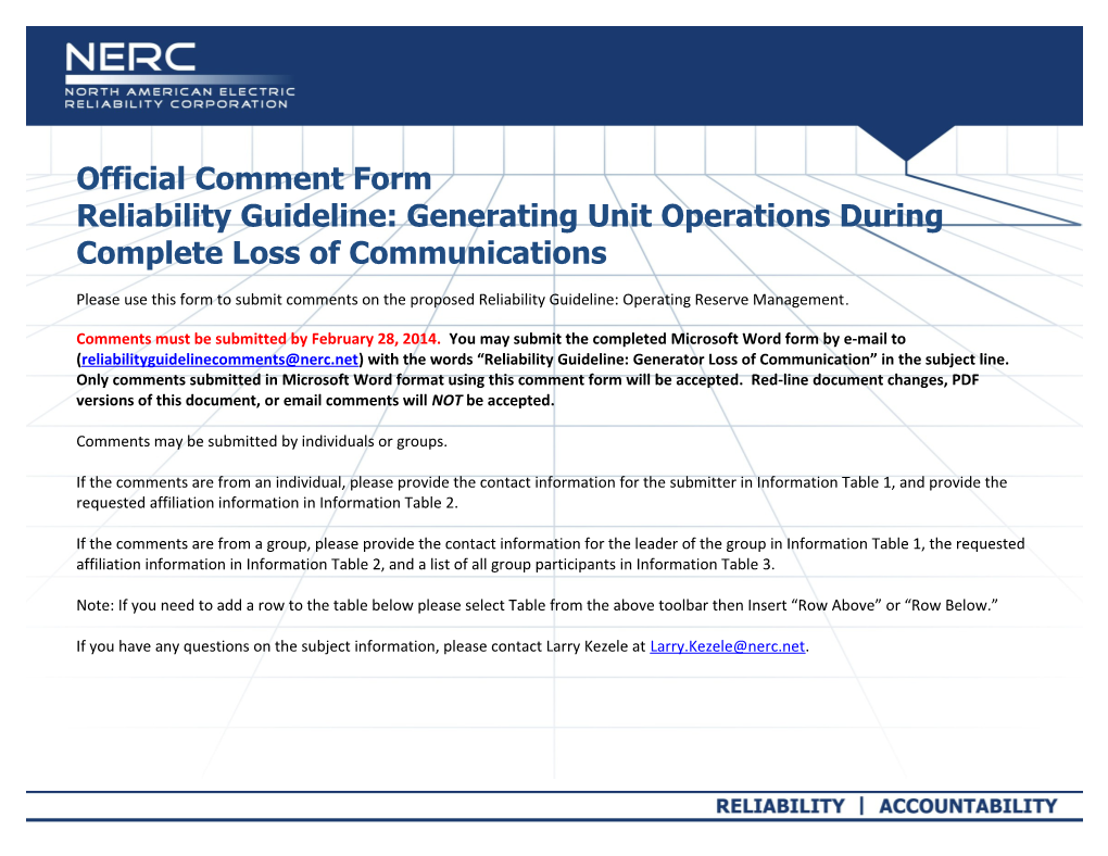 Comment Form - Reliability Guideline: Generating Unit Operations During Complete Loss Of