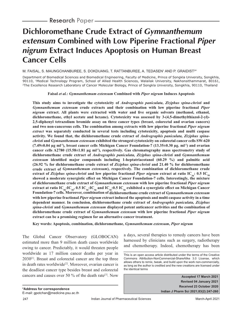 Dichloromethane Crude Extract of Gymnanthemum Extensum Combined with Low Piperine Fractional Piper Nigrum Extract Induces Apoptosis on Human Breast Cancer Cells