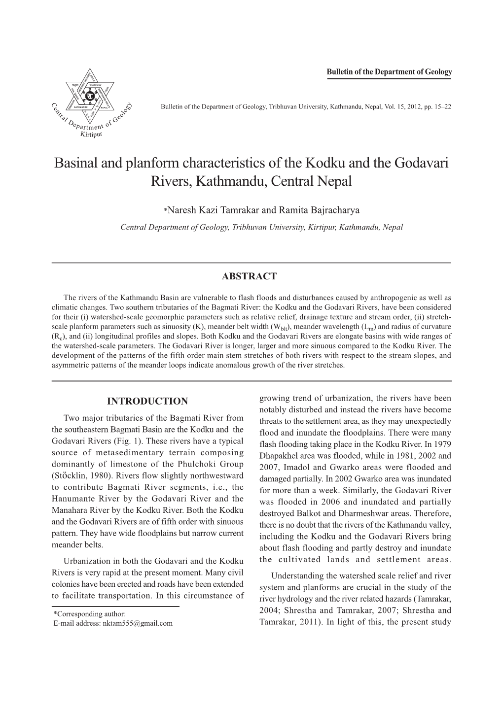 Basinal and Planform Characteristics of the Kodku and the Godavari Rivers, Kathmandu, Central Nepal