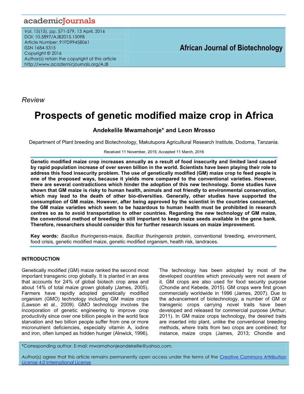 Prospects of Genetic Modified Maize Crop in Africa
