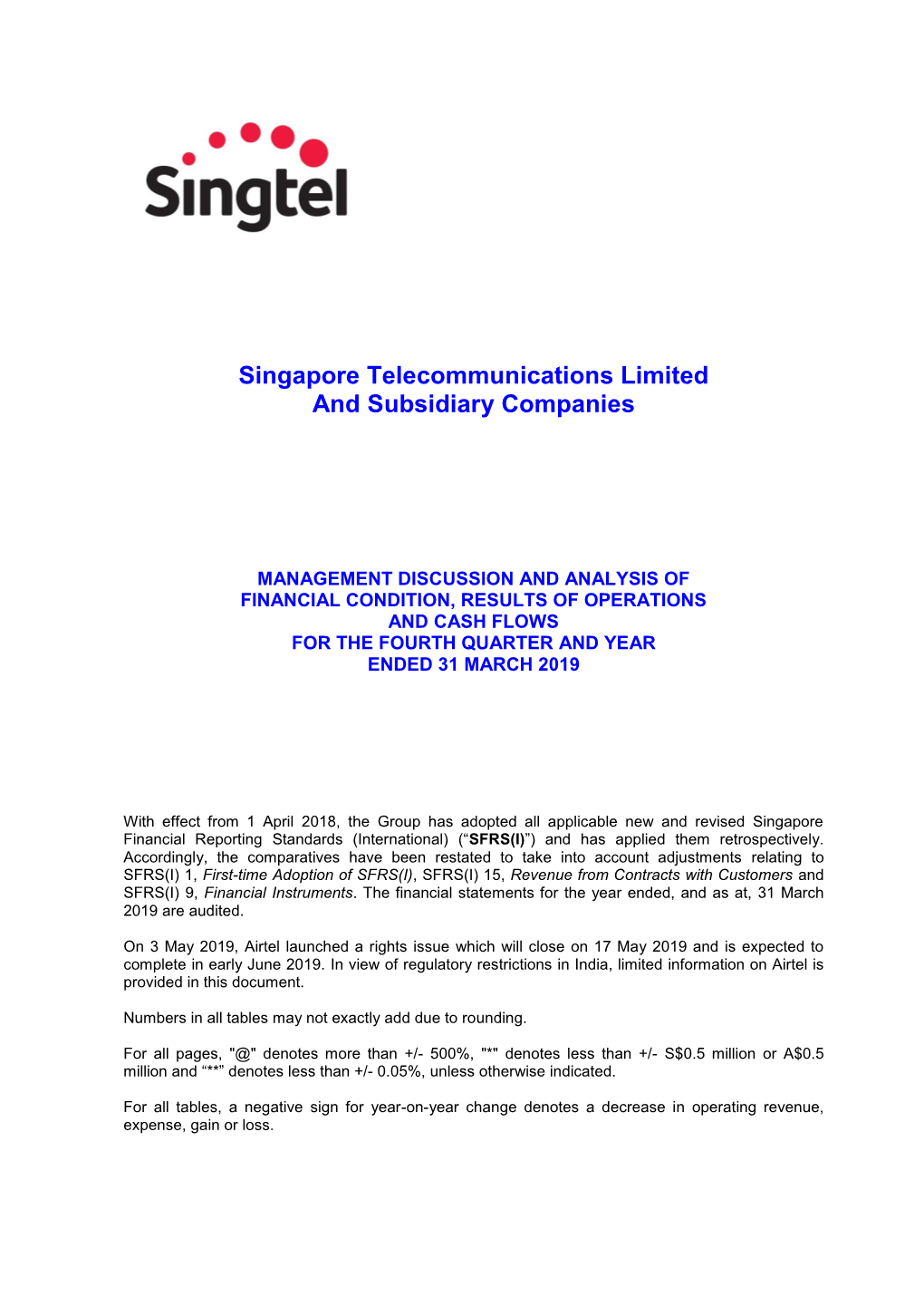 Singapore Telecommunications Limited and Subsidiary Companies