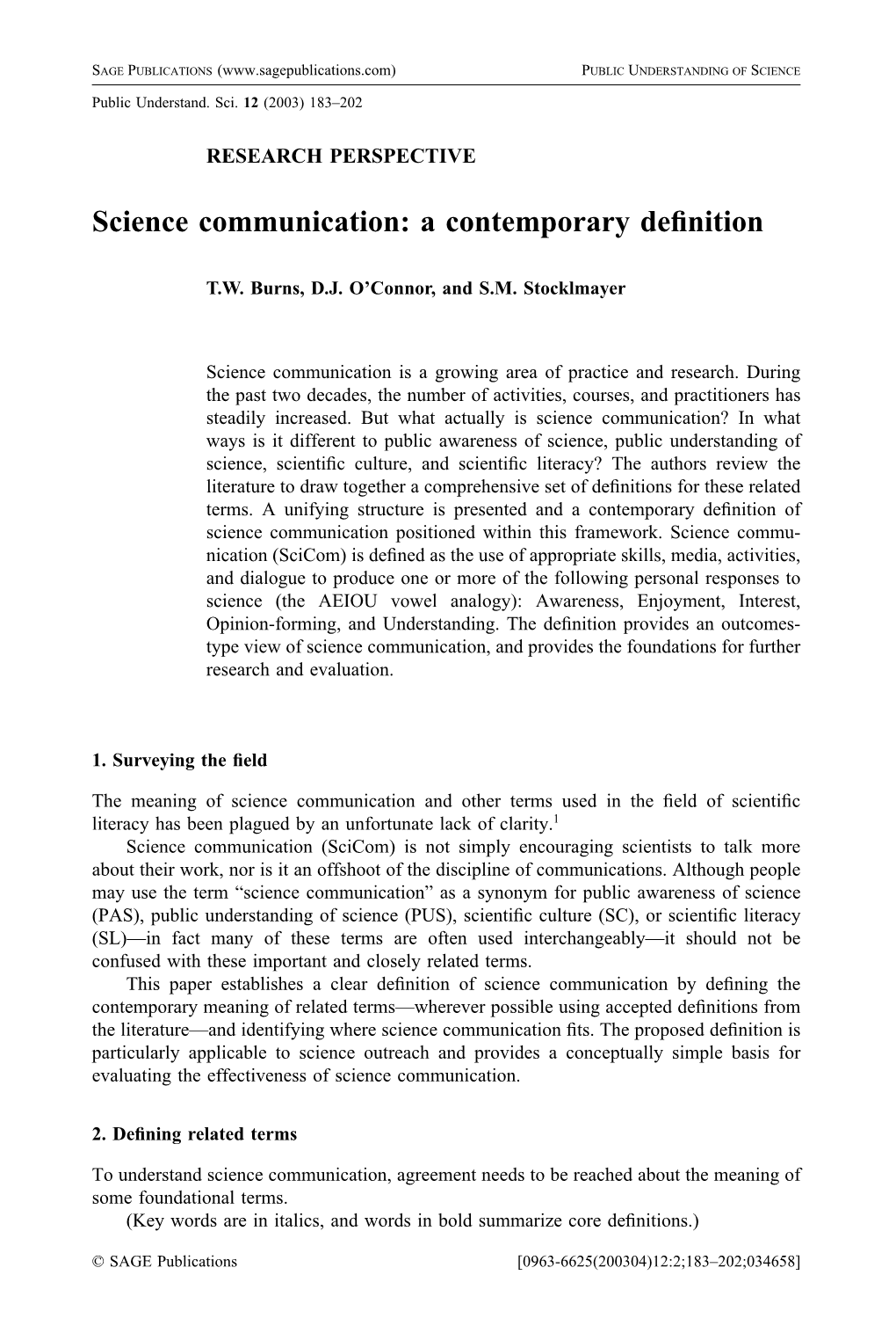 Science Communication: a Contemporary Definition