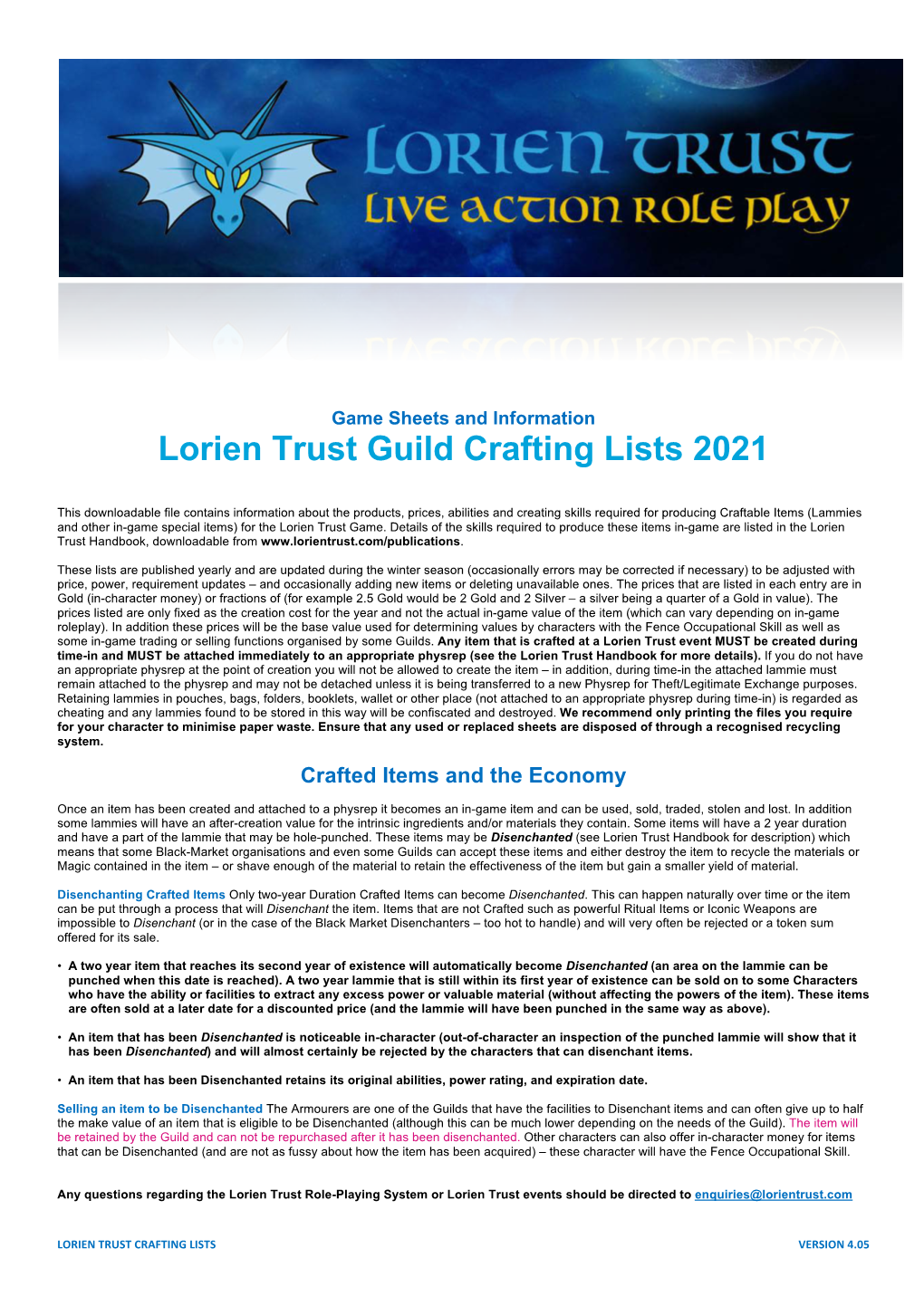 Lorien Trust Guild Crafting Lists 2021