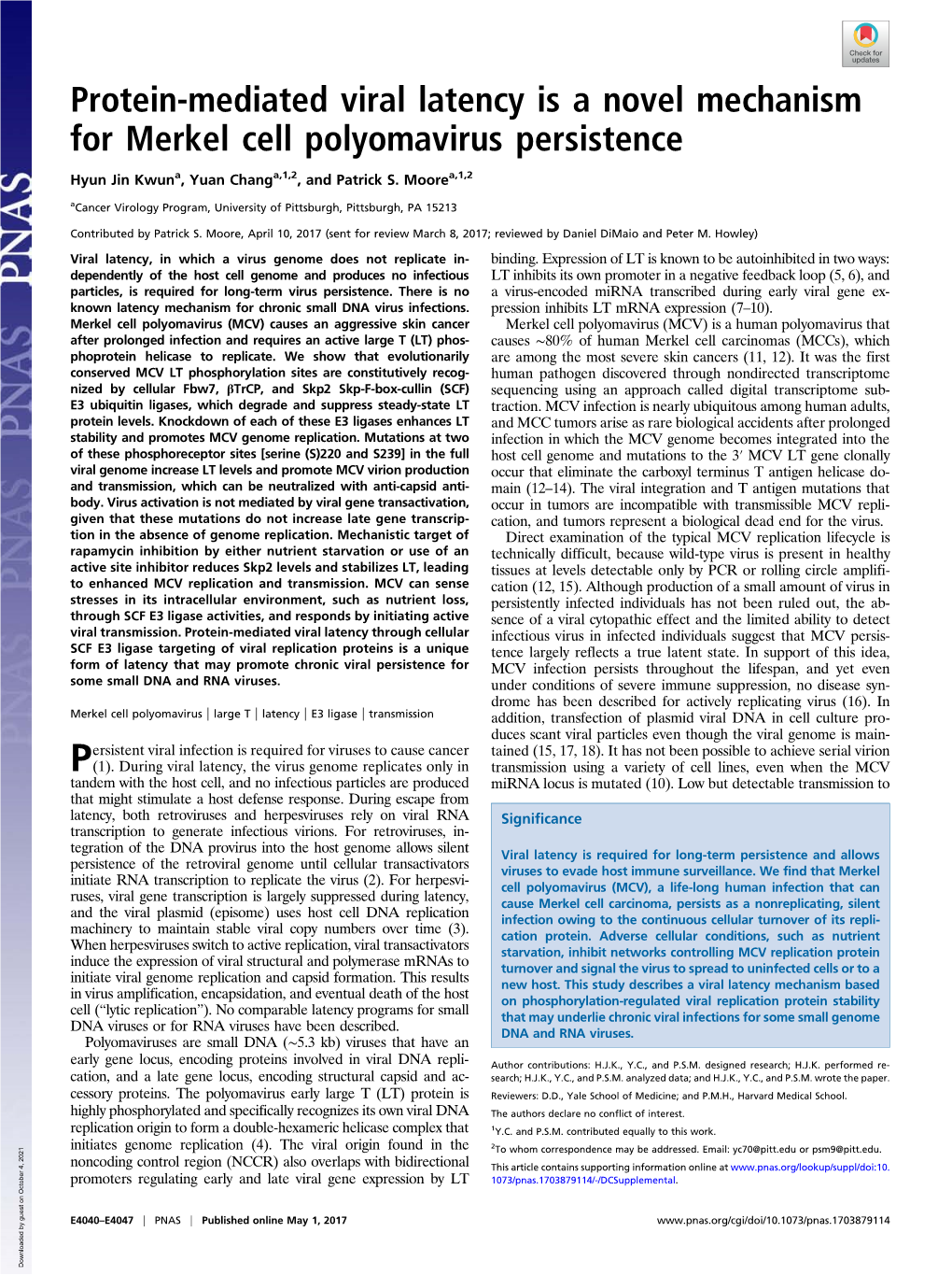 Protein-Mediated Viral Latency Is a Novel Mechanism for Merkel Cell Polyomavirus Persistence
