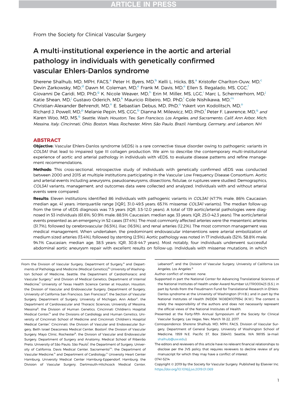 A Multi-Institutional Experience in the Aortic and Arterial Pathology in Individuals with Genetically Conﬁrmed Vascular Ehlers-Danlos Syndrome