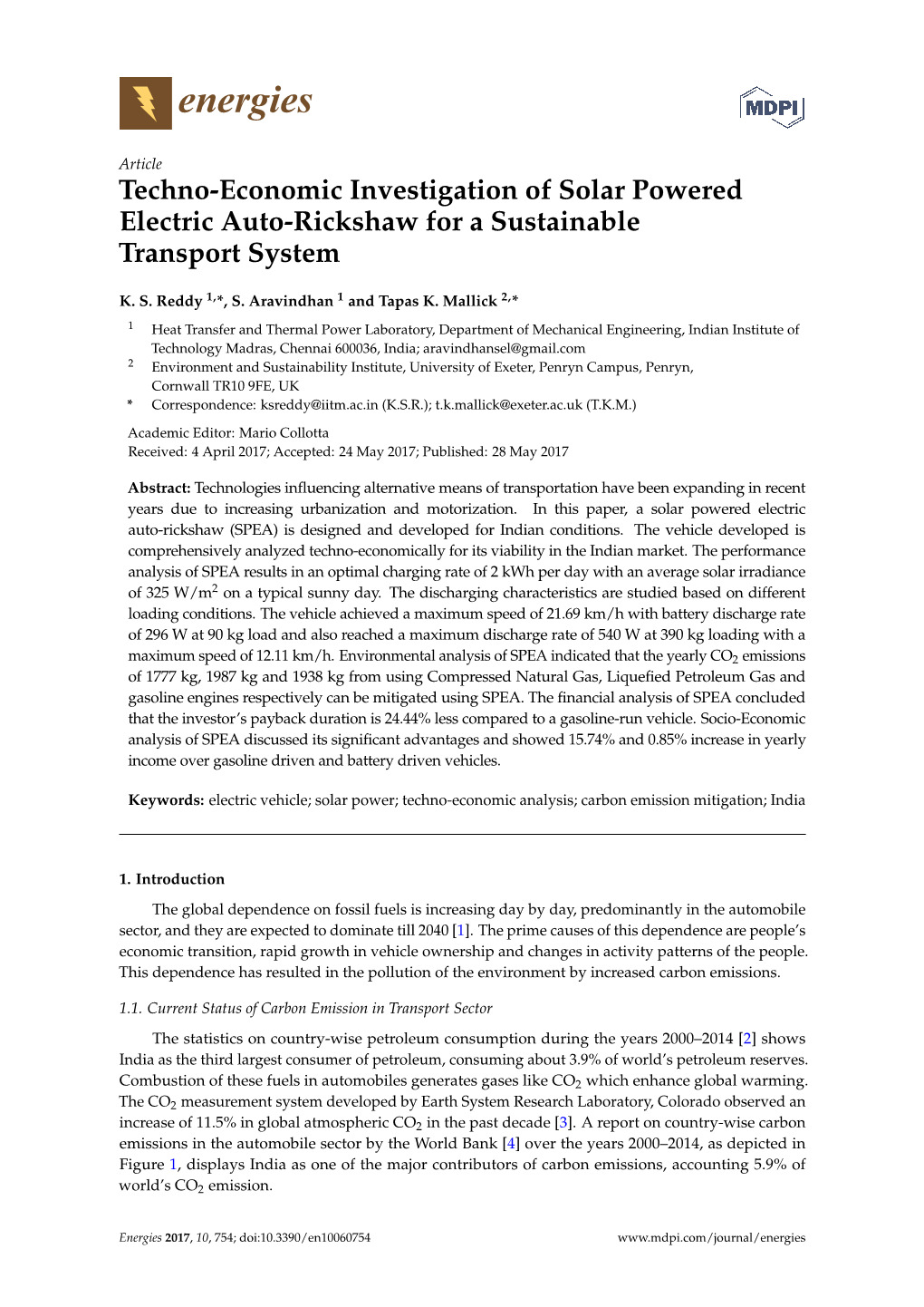 Techno-Economic Investigation of Solar Powered Electric Auto-Rickshaw for a Sustainable Transport System