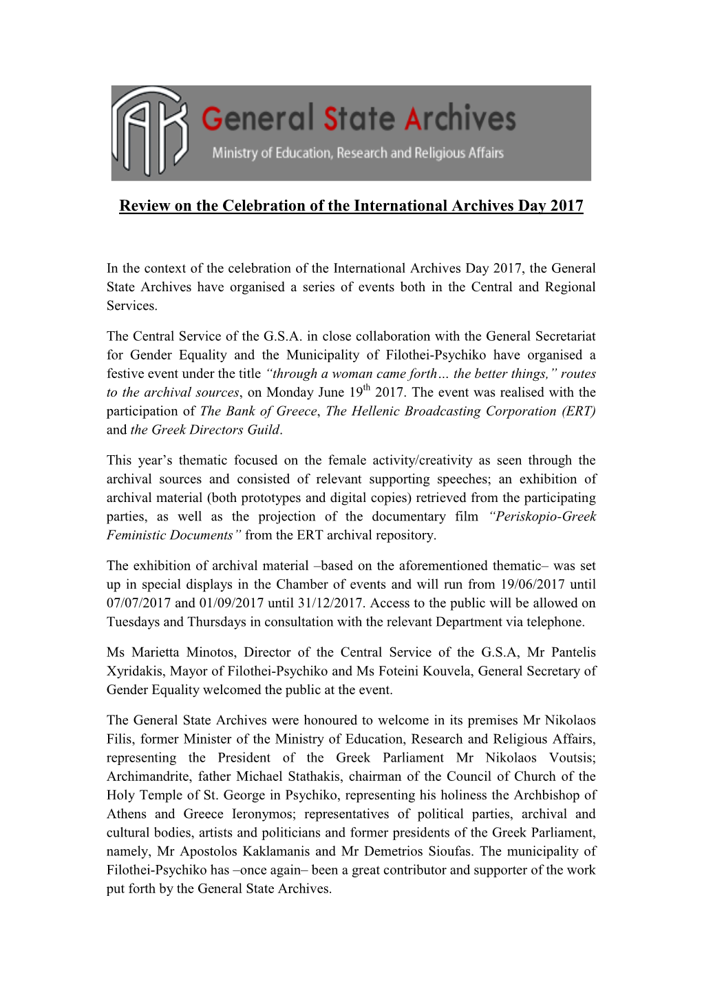 Review on the Celebration of the International Archives Day 2017