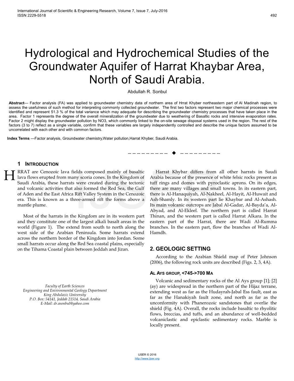 Hydrological and Hydrochemical Studies of the Groundwater Aquifer of Harrat Khaybar Area, North of Saudi Arabia