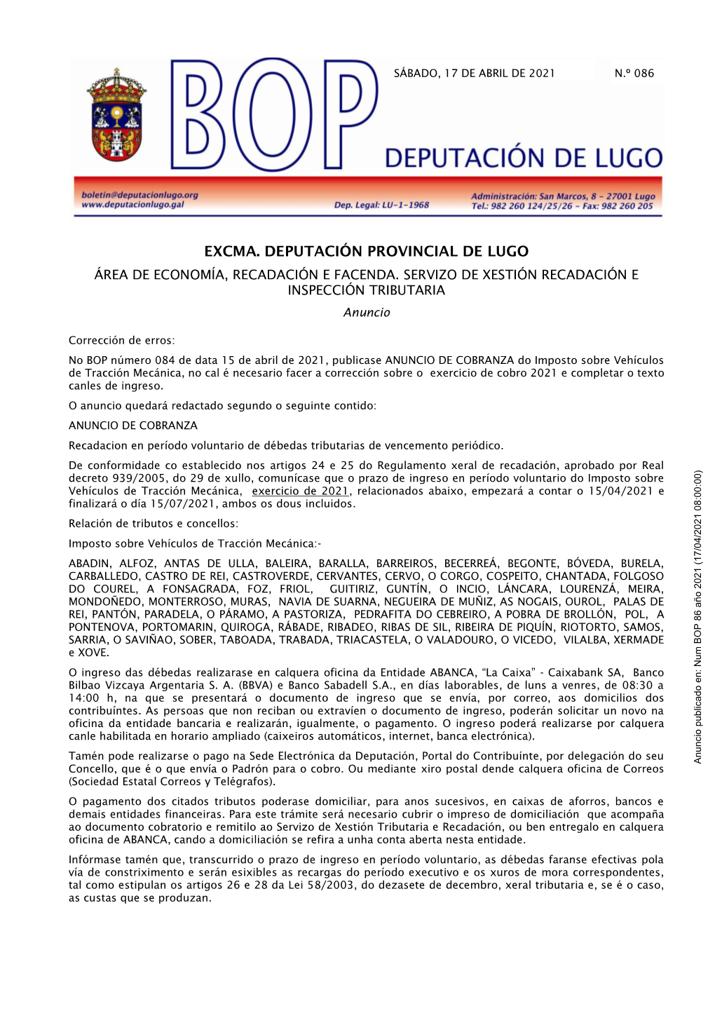 Excma. Deputación Provincial De Lugo Área De Economía, Recadación E Facenda