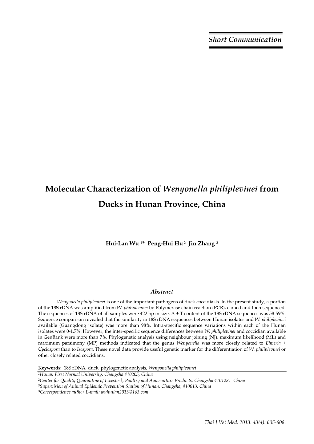 Molecular Characterization of Wenyonella Philiplevinei from Ducks in Hunan Province, China