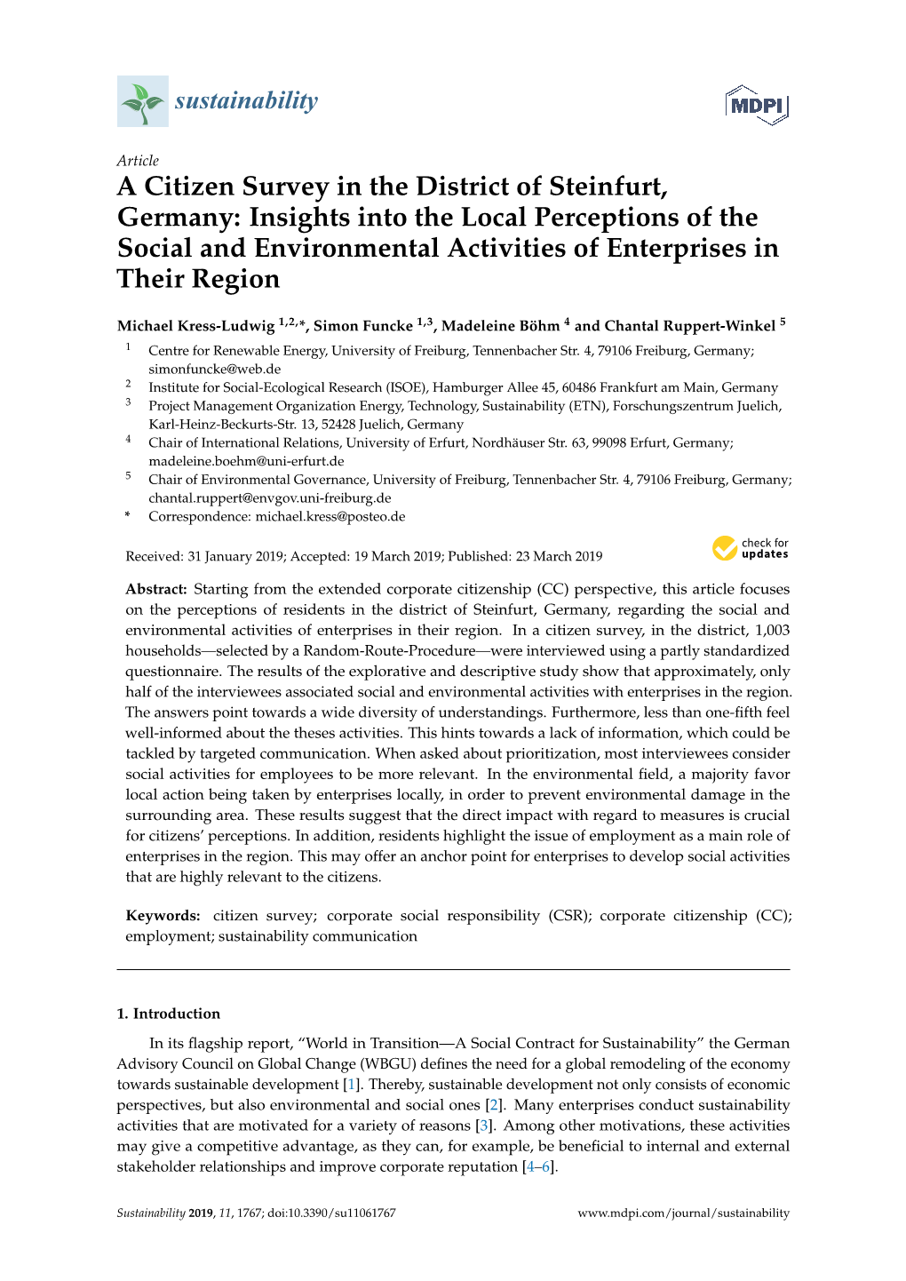 A Citizen Survey in the District of Steinfurt, Germany: Insights Into the Local Perceptions of the Social and Environmental Activities of Enterprises in Their Region