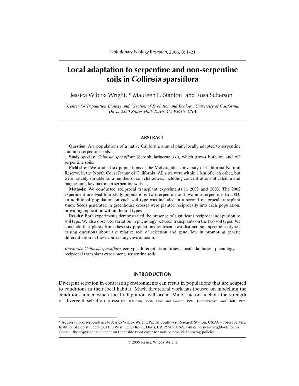 Local Adaptation to Serpentine and Non-Serpentine Soils in Collinsia Sparsiflora