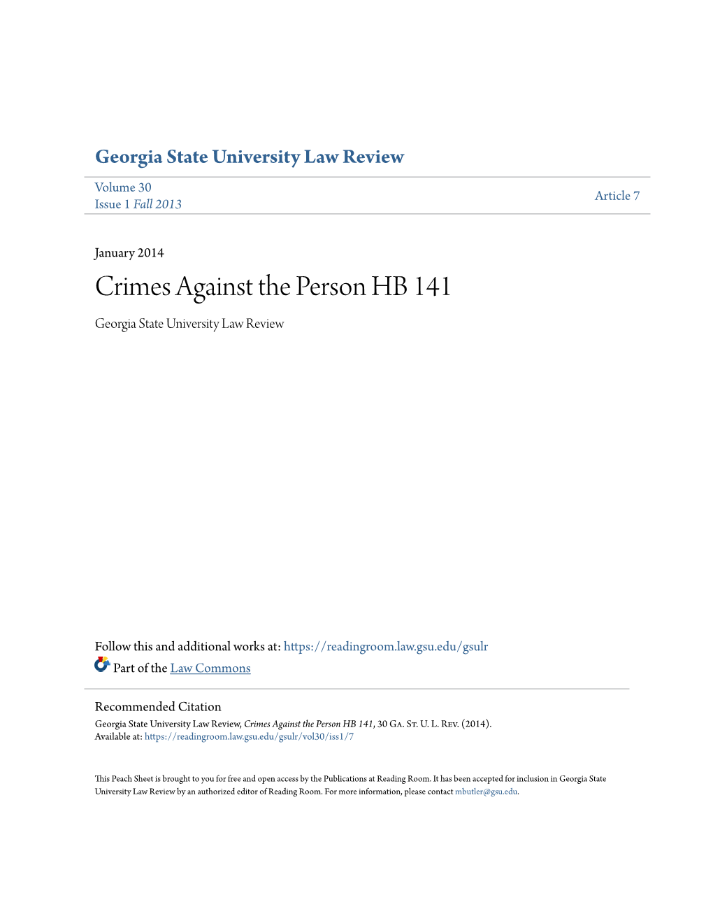Crimes Against the Person HB 141 Georgia State University Law Review