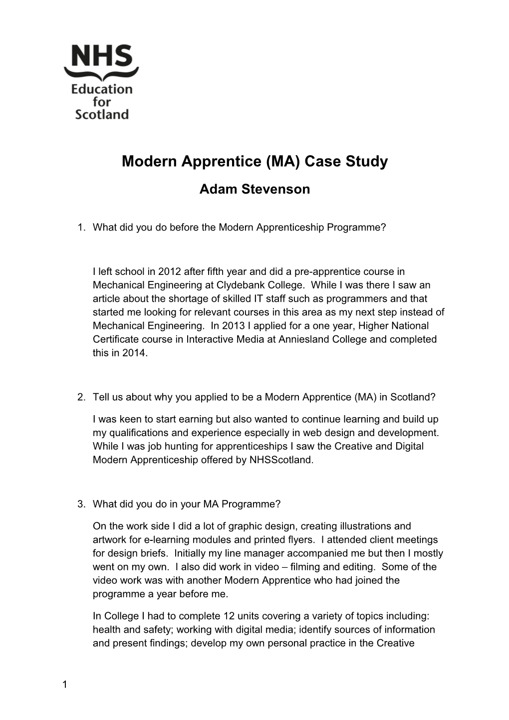 Modern Apprentice (MA) Case Study