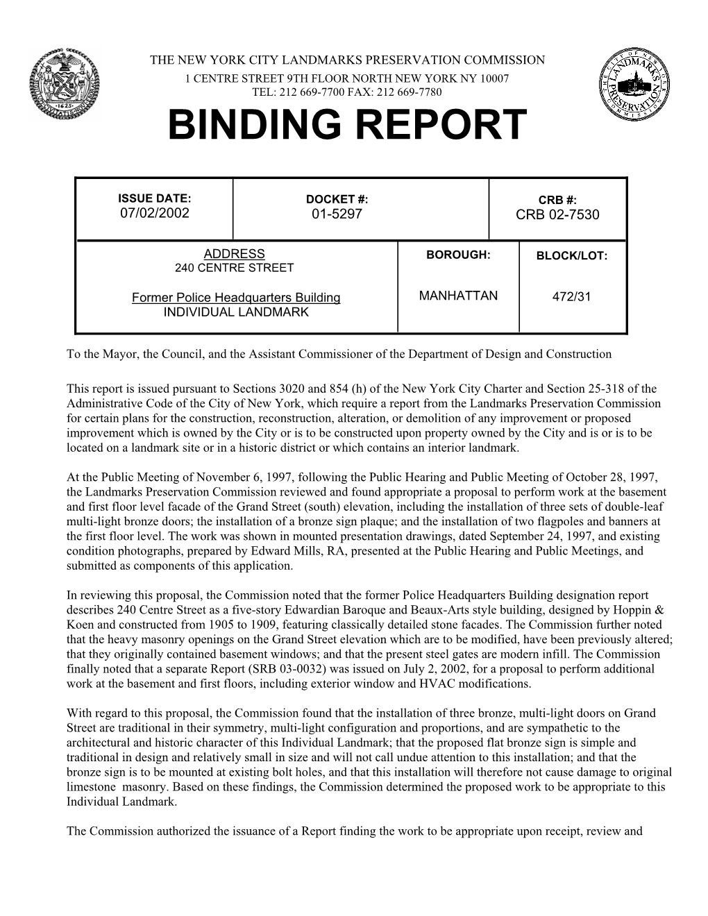 Binding Report for 240 Centre Street, Manhattan Docket 01-5297