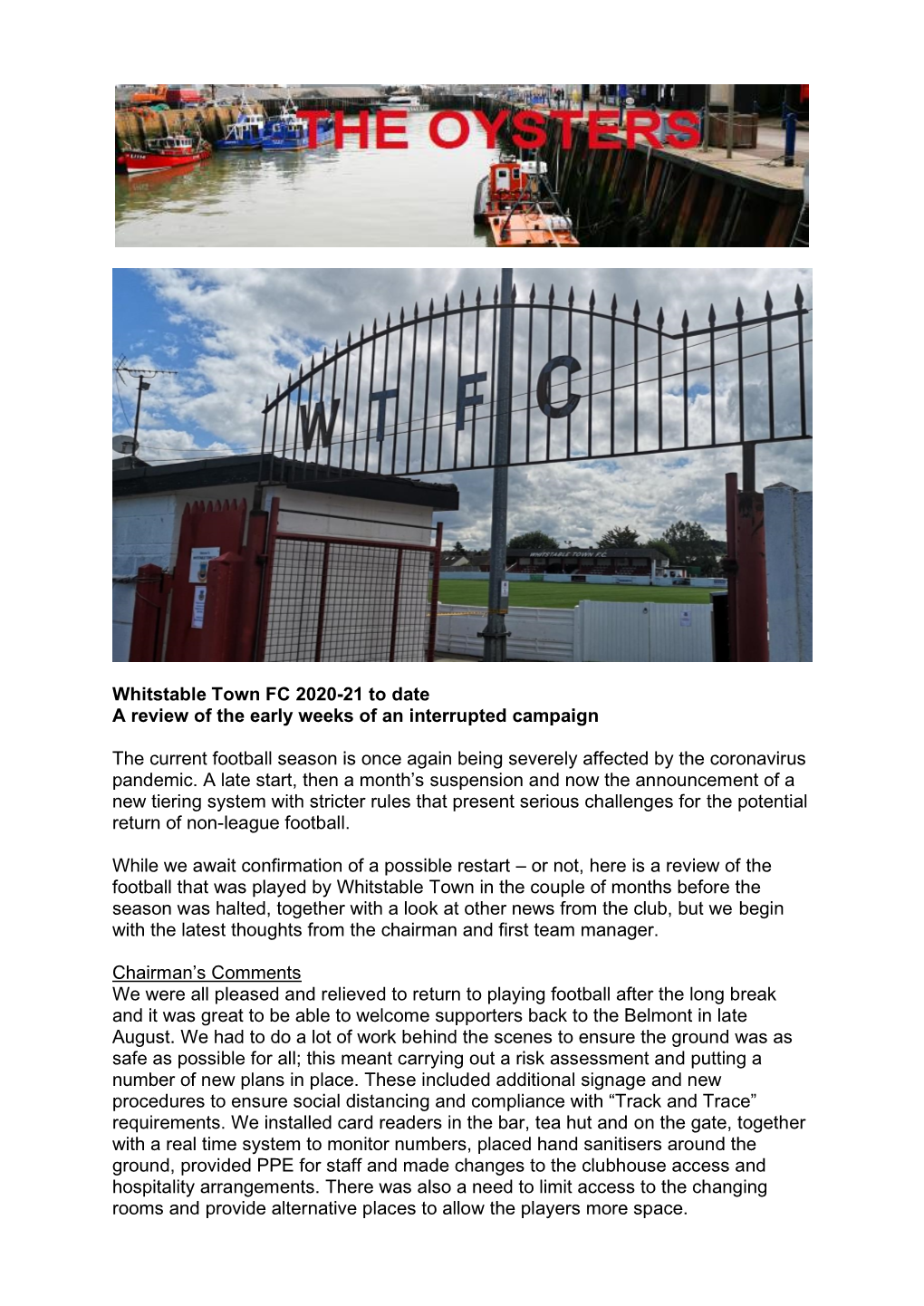 Whitstable Town FC 2020-21 to Date a Review of the Early Weeks of an Interrupted Campaign